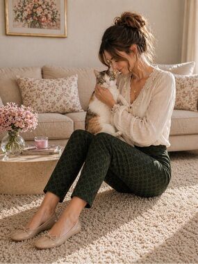 Old Navy Pixie Pants | Olive Green Patterned Print Slim Ankle Pants